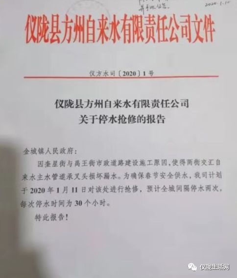 仪陇县方州自来水有限责任公司 关于停水抢修的报告 金城镇人民政府