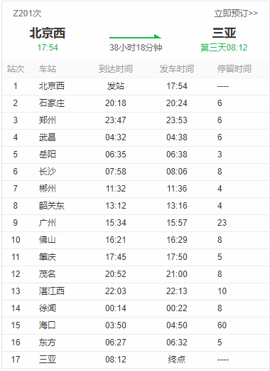 t201北京西到三亚的列车一天就一班(现在为z201),而且北京天津内蒙等