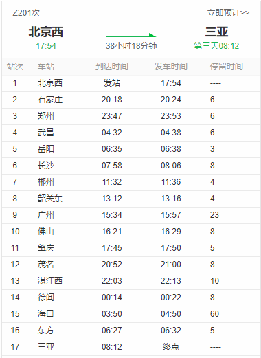 t201北京西到三亚的列车一天就一班(现在为z201,而且北京天津内蒙等