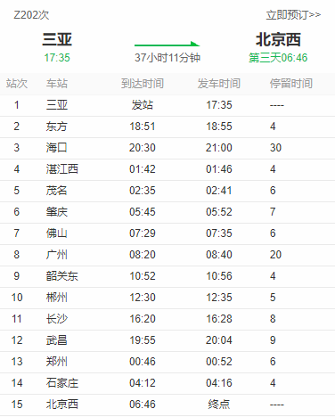 t201北京西到三亚的列车一天就一班(现在为z201,而且北京天津内蒙等