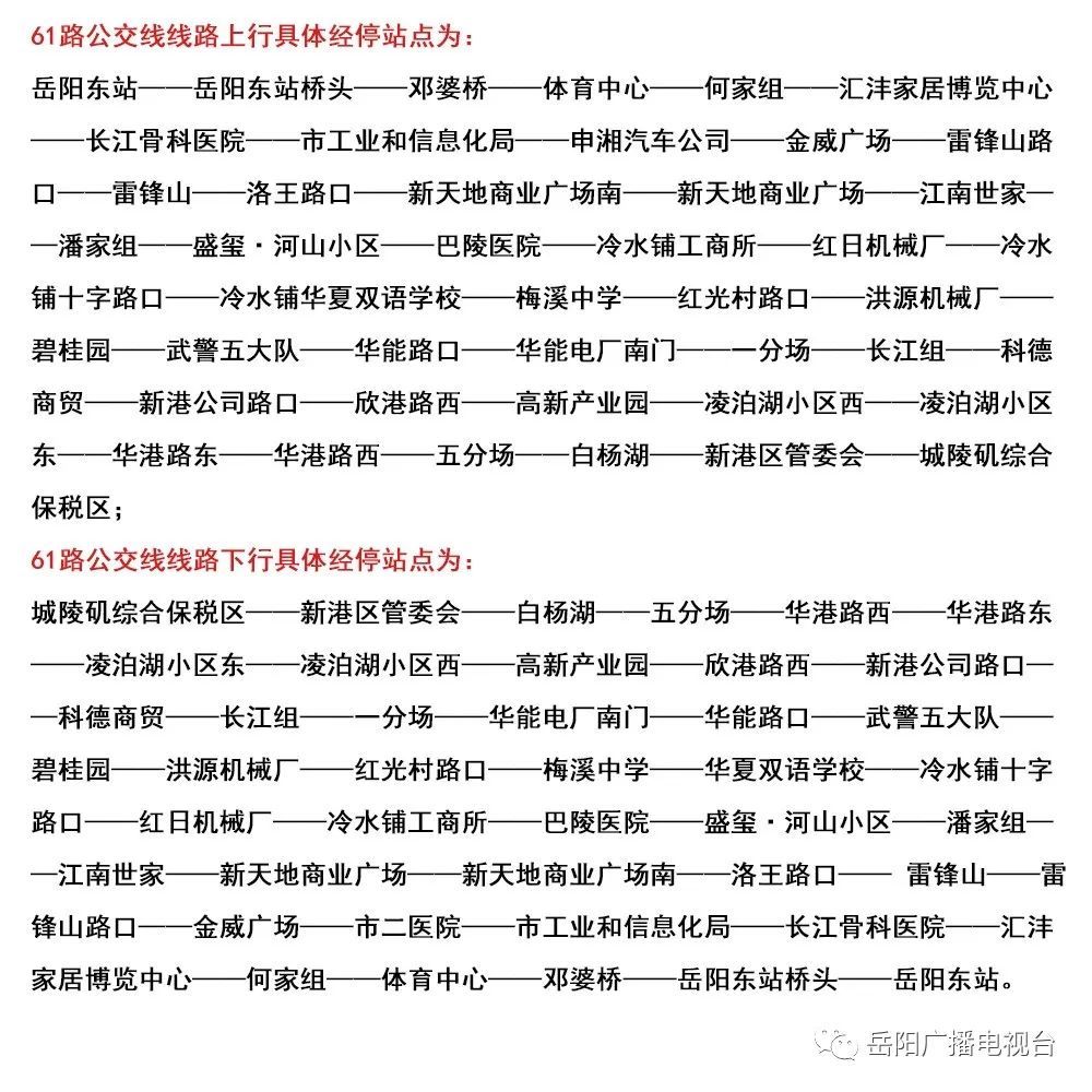 61路公交线线路往返于岳阳东站至城陵矶综合保税区之间,途经冷水铺,洛