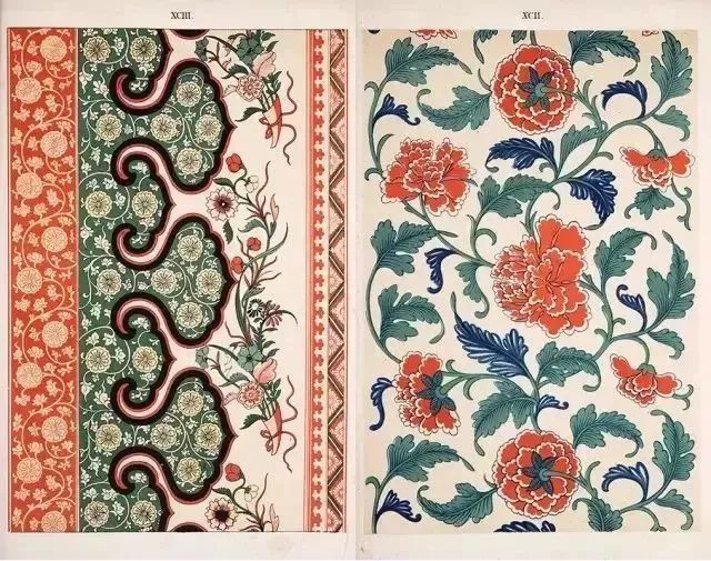 从《中国纹样》书中选取的图案看,这些工艺作品皆似晚清粉彩或珐琅彩.