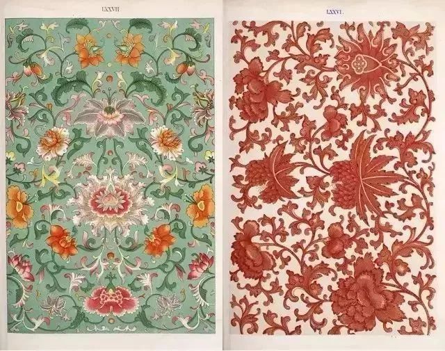 通过欧文·琼斯的再创作,原先中国水墨效果的青花瓷,粉彩瓷纹样摇身