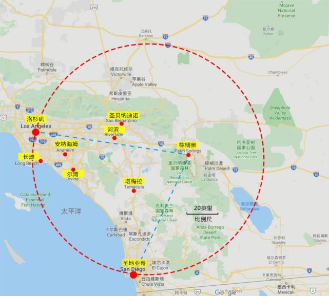 它位于圣贝纳迪诺(san bernardino)以东约55英里(89公里),洛杉矶(los