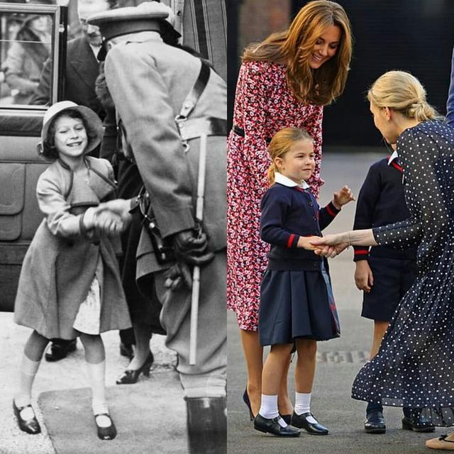伊丽莎白女王小时候和夏洛特公主与人握手对比图