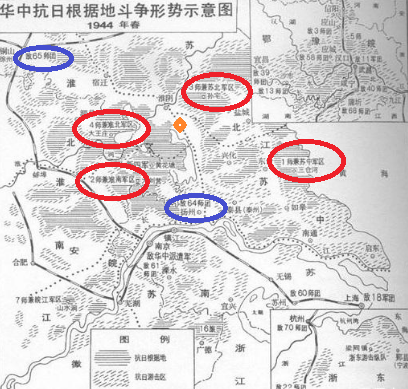 华中抗日根据地斗争形势示意图,菱形表示位置为车桥及其周边敌人据点