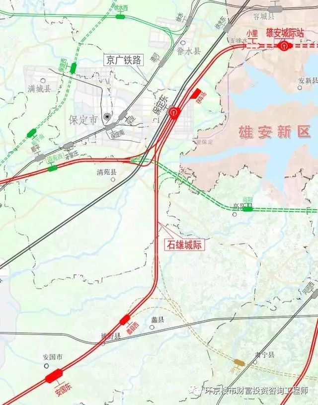 推荐方案,石雄城际铁路起自京广高铁保定东站,出站向南经蠡县,安国市