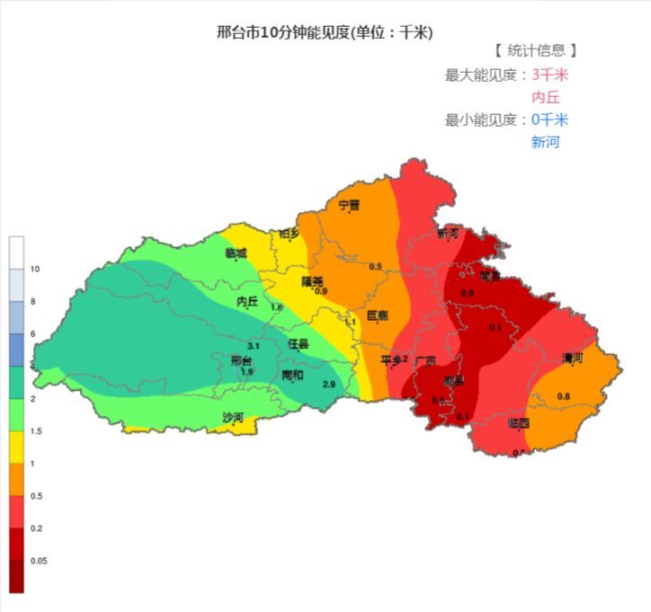 由能见度分布图可见 新河,广宗,平乡 能见度仅为0千米 最好的内丘 也