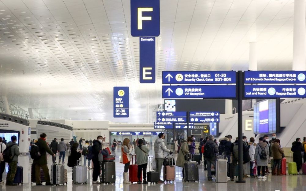 1月23日,武汉天河国际机场,旅客们在人工柜台前排长队咨询退票与改签