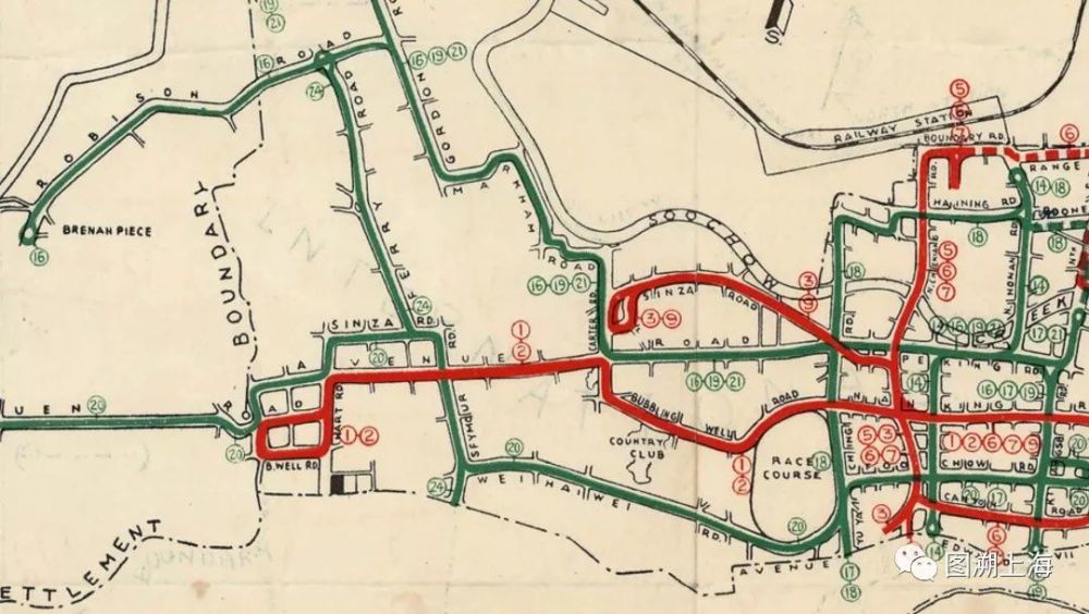 1939年电车线路图:16路走向(图中红线为有轨电车线,绿线为无轨电车线)