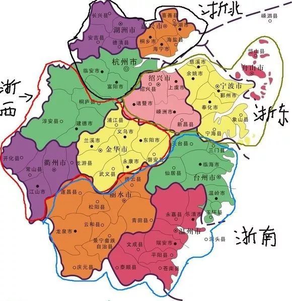 浙北地区水网密集的冲积平原:有杭州市,嘉兴市,湖州市浙南地区为山区