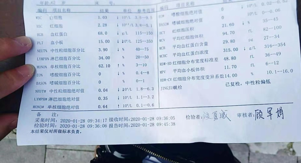 二水妈妈的血常规化验单.受访者供图