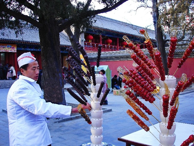 在2006年1月北京东岳庙春节庙会上的冰糖葫芦摊位