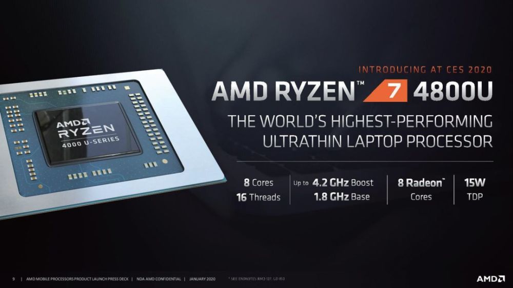 锐龙7 4800u在15w tdp下实现了8核心16线程和8 radeon cores集成