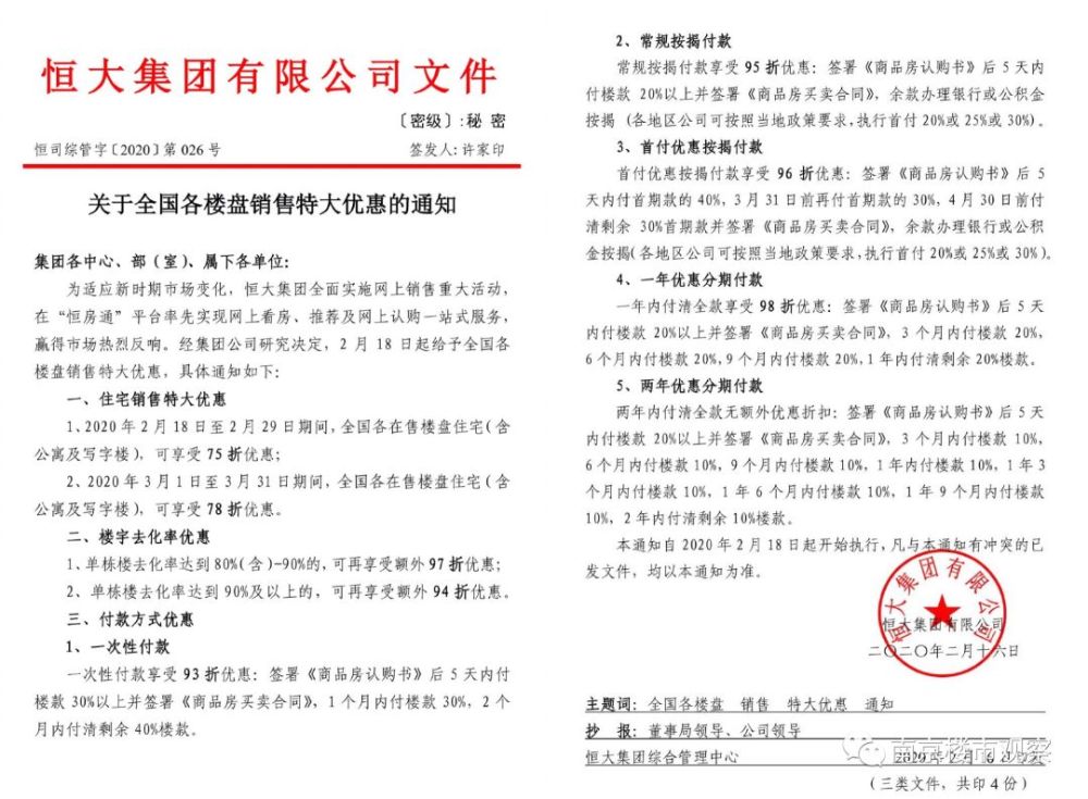 《关于全国各楼盘销售特大优惠的通知》,文件密级为机密,签发人为