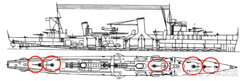 红圈处的即为5门130毫米舰炮