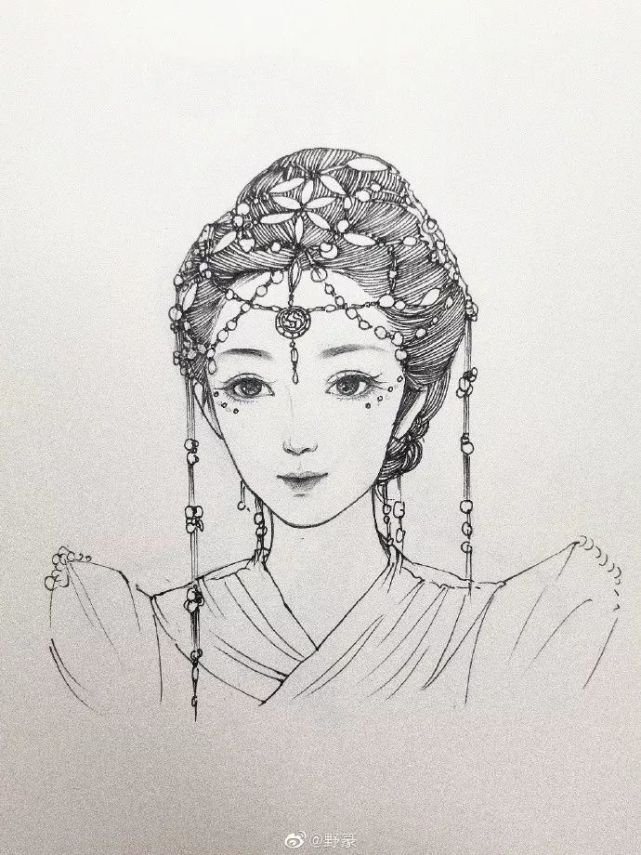 分享一组古风美女手绘线稿,头部细节很棒哟一定