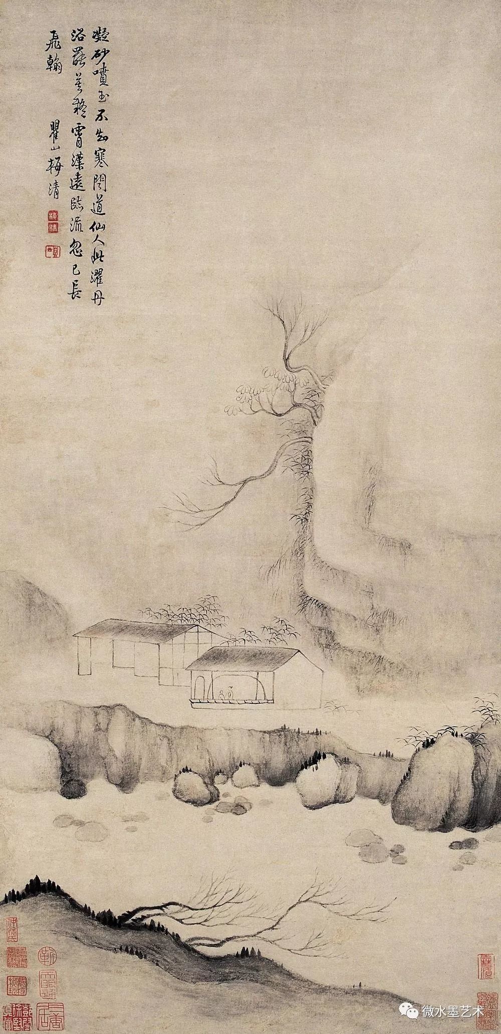 梅清 云门双峰 他擅长山水画,所绘作品云烟苍茫,松石奇观幻,曾经与