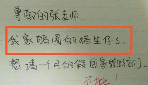 而"陪葬"的"葬"字不会写,于是就用拼音代替,相信他的老师看到这张请假