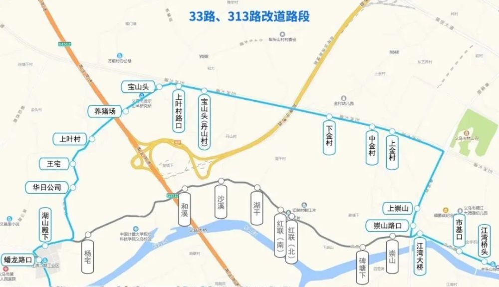 01 改道后走向 佛堂公交站—原线路—杨横线—五洲大道—香溪路—原