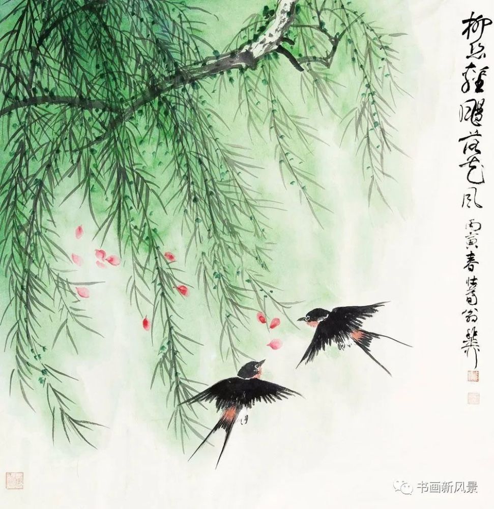 绿意盎然,柳树丛中三只黄鹂站在枝头吟咏,下有一群燕儿飞过,整幅作品
