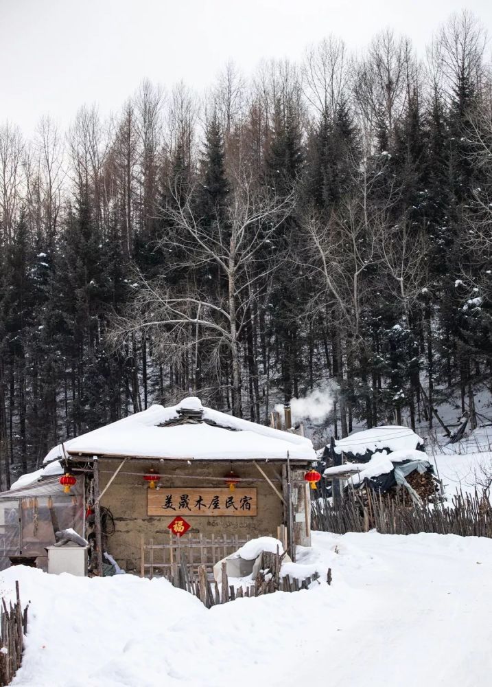 这个山里的木屋村,一下雪就美