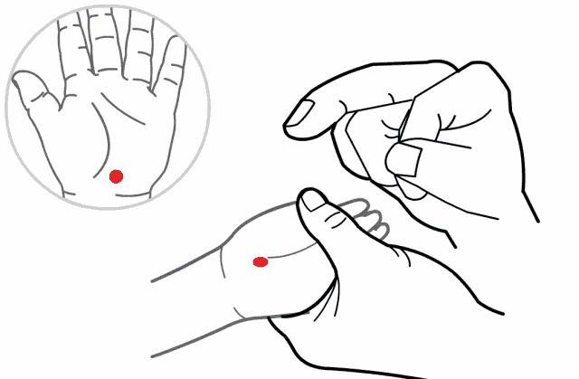 第二步:捣小天心 位置:在掌根,大小鱼际交接之凹陷中.