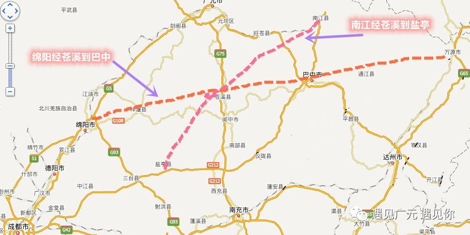 广元城区高速示意图 南江经苍溪到盐亭高速,将于正在修建的绵阳经