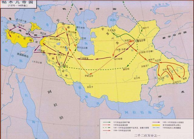 帖木儿帝国疆域与帖木儿征战路线图