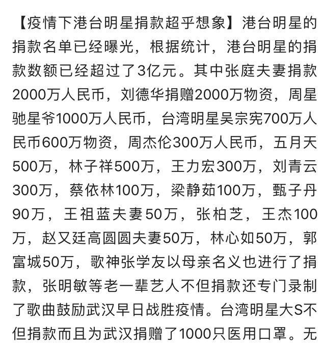 港台艺人为武汉捐款单出来了,看看有你喜爱的明星吗