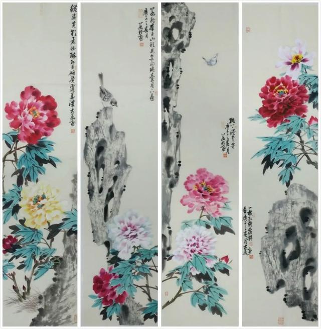 国画《牡丹四条屏》何美玲