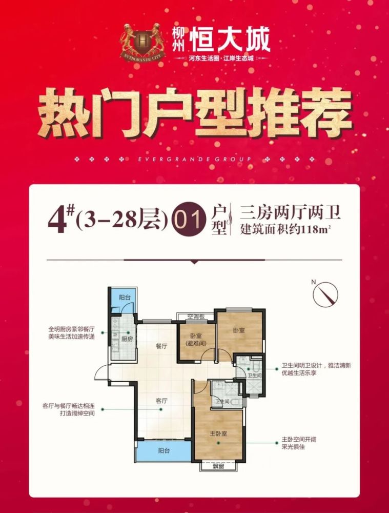 作为重磅打造的收官佳品 柳州恒大城4#楼带装修交付 户型方正,客厅与