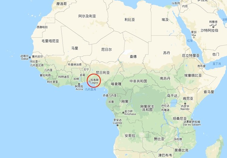 拉各斯位于尼日利亚的西南端,濒临几内亚湾./ google地图