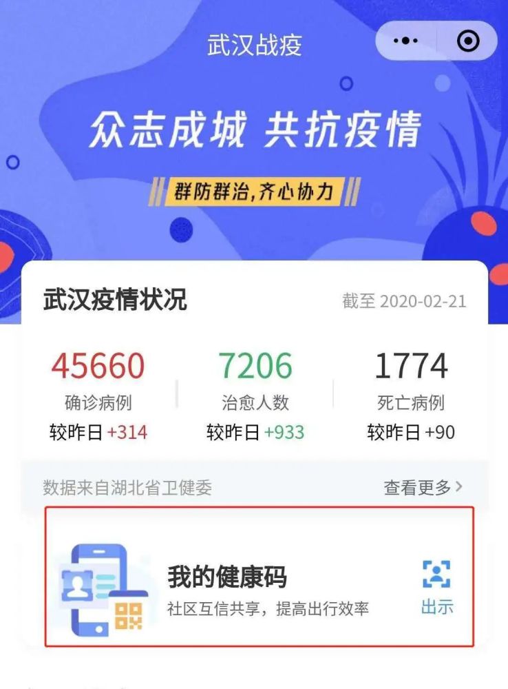 第一步:通过扫描下方葵花码,或通过微信搜索"武汉战疫"小程序,进入"