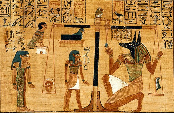 古埃及壁画-死神阿努比斯用天平衡量人心