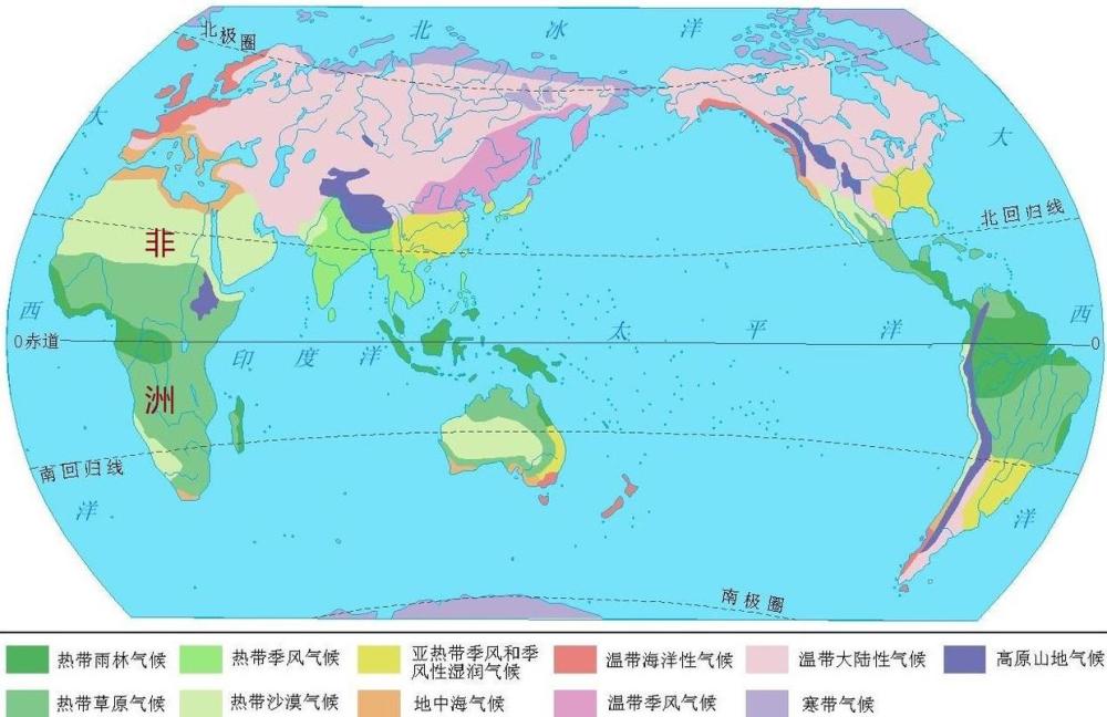 非洲的气候类型数量比亚洲,北美洲,南美洲和大洋洲的气候类型数量都要