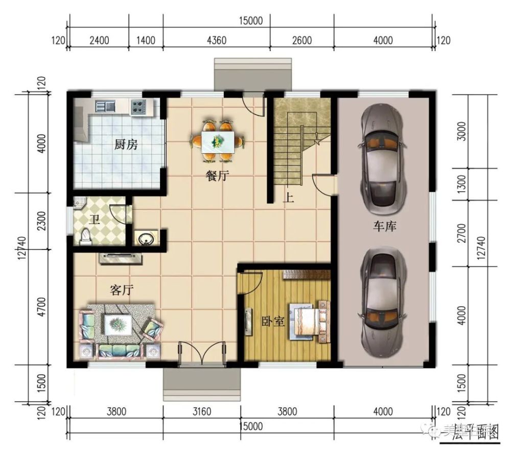 造价:18-23万左右 平面布局图 别墅编号:ms1802045 占地尺寸:15x12