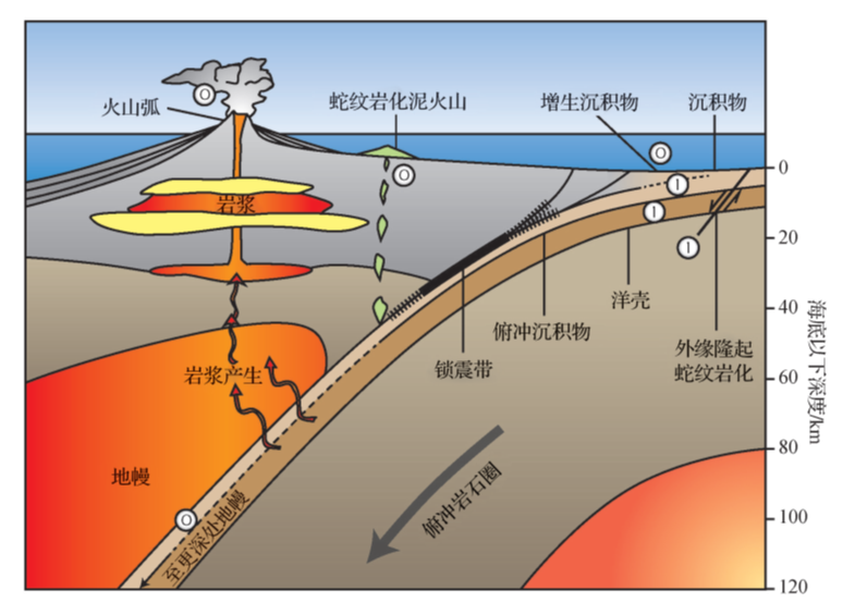 俯冲带主要的输入,产出,流体,岩浆通道以及岛弧地壳结构示意图.