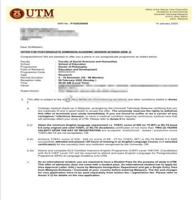 2020马来西亚理工大学utm录取通知书到手了