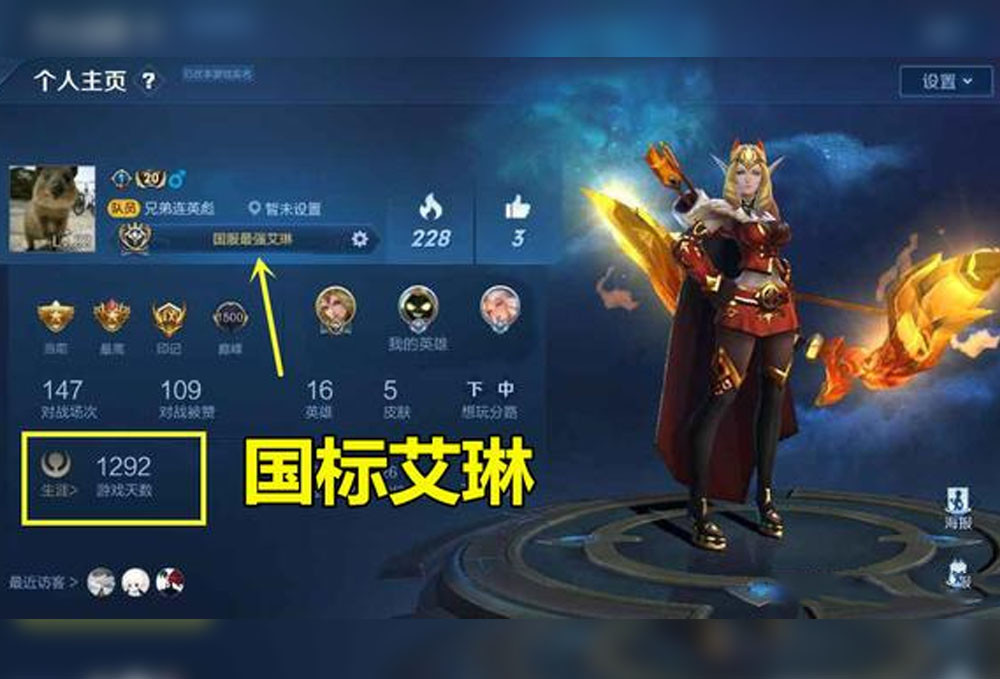王者荣耀:玩家用艾琳一百场打到国服最强称号,网友们羡慕极了!