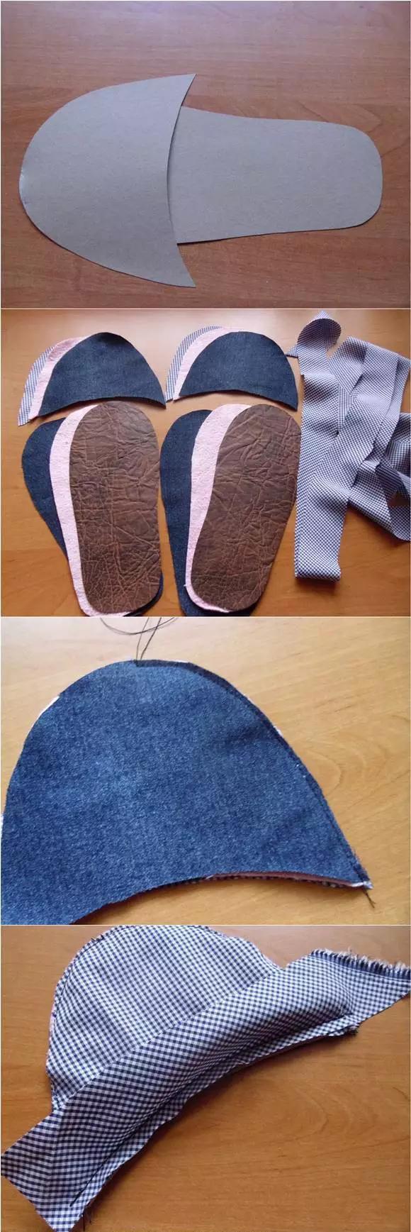 并选择带花色的布条缝在鞋面开口和鞋子边缘侧围,并将多余的布料剪切