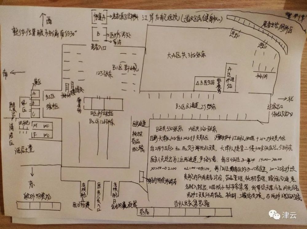 刘殿坤手绘的江岸方舱医院布局图,详细规划了通道和区域的位置