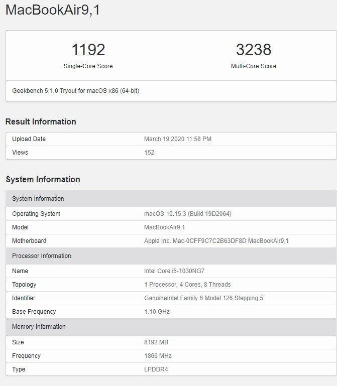 苹果macbook air 2020 i3版跑分出炉,高于老款双核i5
