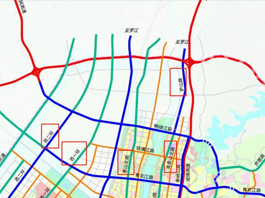 向东与龙泉山旅游公路交会;青衣江路向西与西一环,西二环,成德大道