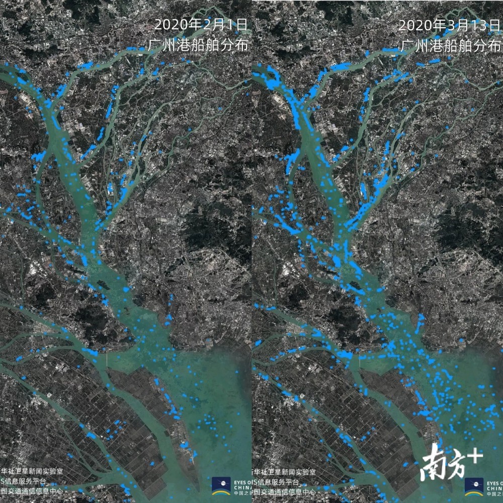 卫星视角下的广东复产珠江口船舶活跃度快速提升
