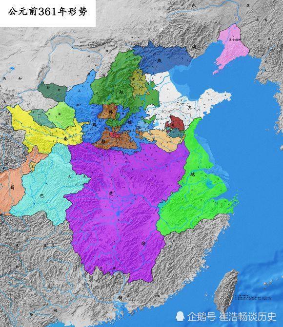 秦孝公继位时秦国版图(左边淡黄色版图即秦国)