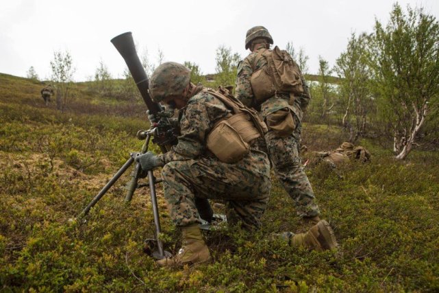 2019年6月,美国海军陆战队的迫击炮组在挪威参加军事演习.