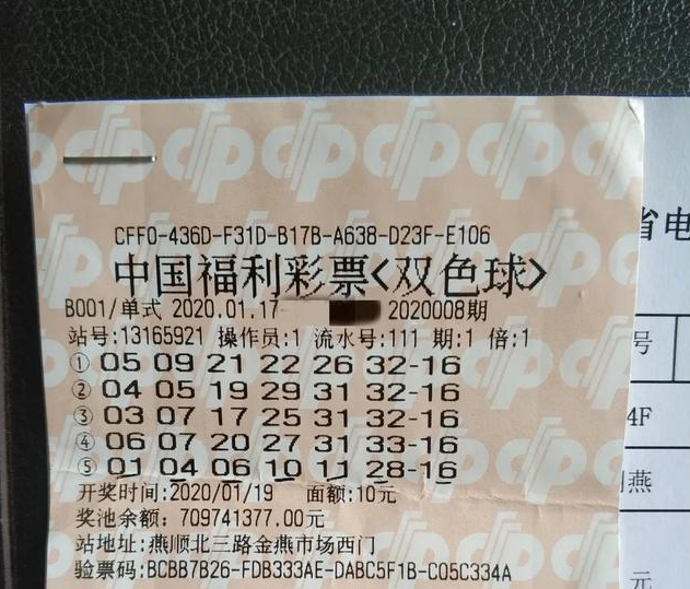 双色球2020008期中奖彩票