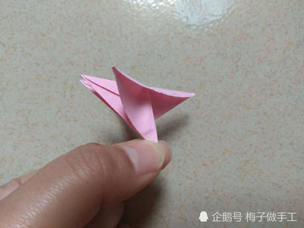 4,把五条边向一个方向翻折,然后用手指捏住底角,再把其中四条边向反