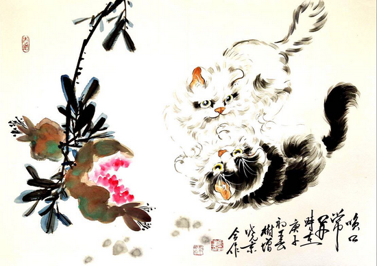 京城花鸟名家张树增画猫,郑晓京辅景合作册页赏析